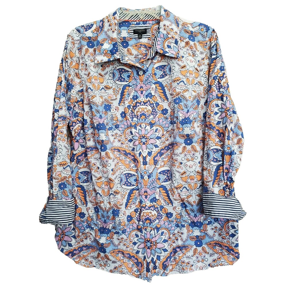Talbots Plus Cotton Blue Paisley Flip-Cuff Button-Up Shirt Size 1X Boho Retro